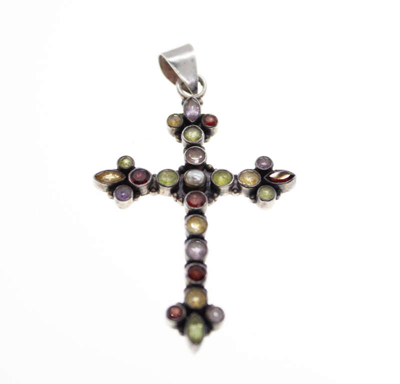 Cross - Vintage 925 Silver Large Multi Coloured Stones Cross - ML2464