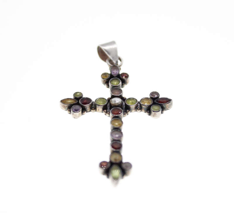 Cross - Vintage 925 Silver Large Multi Coloured Stones Cross - ML2464