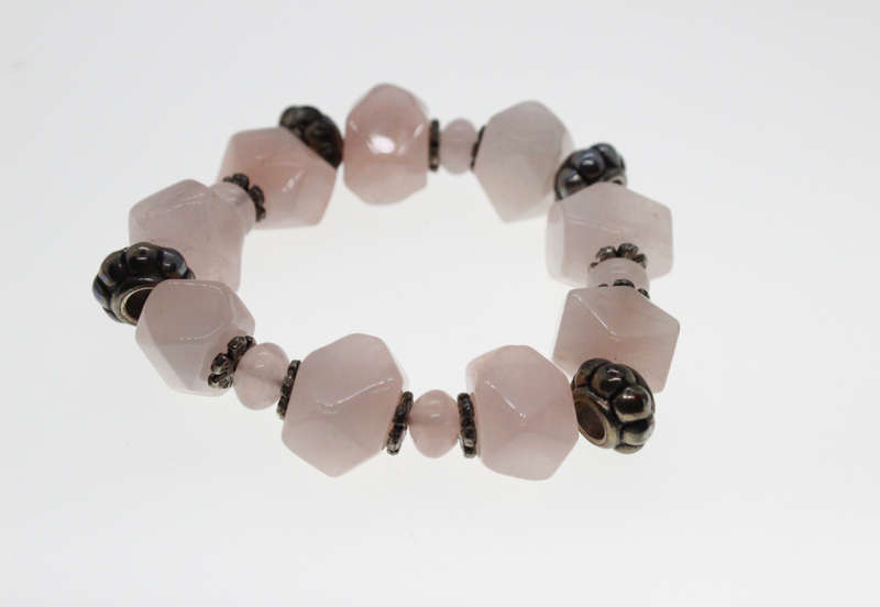 Bracelet - Silver Tone and Rose Quartz Bracelet with Silver Beads - ML2467