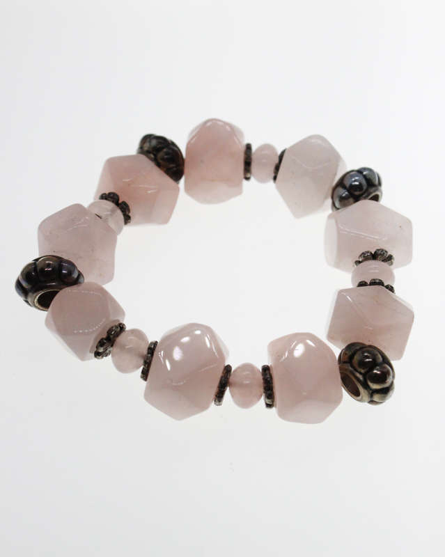 Bracelet - Silver Tone and Rose Quartz Bracelet with Silver Beads - ML2467