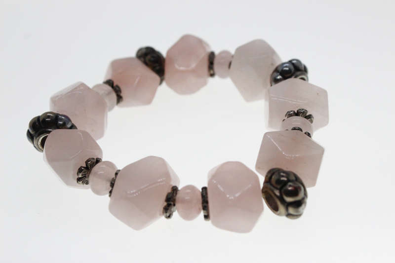 Bracelet - Silver Tone and Rose Quartz Bracelet with Silver Beads - ML2467