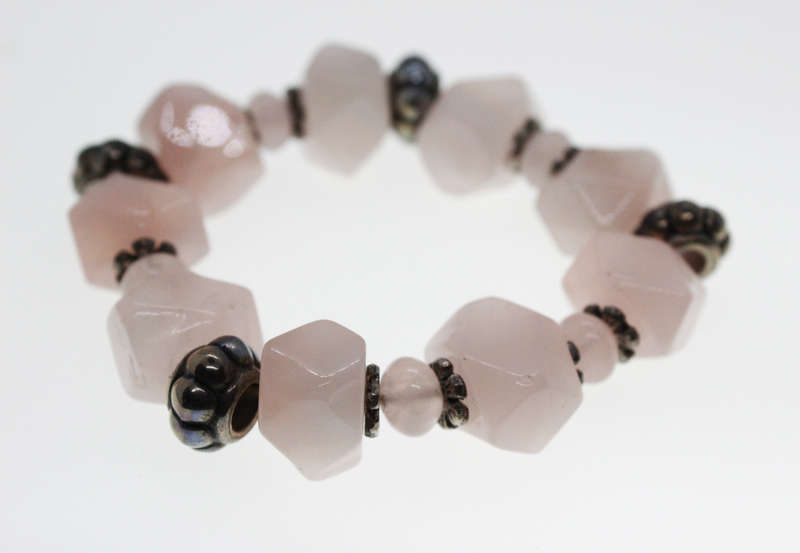 Bracelet - Silver Tone and Rose Quartz Bracelet with Silver Beads - ML2467