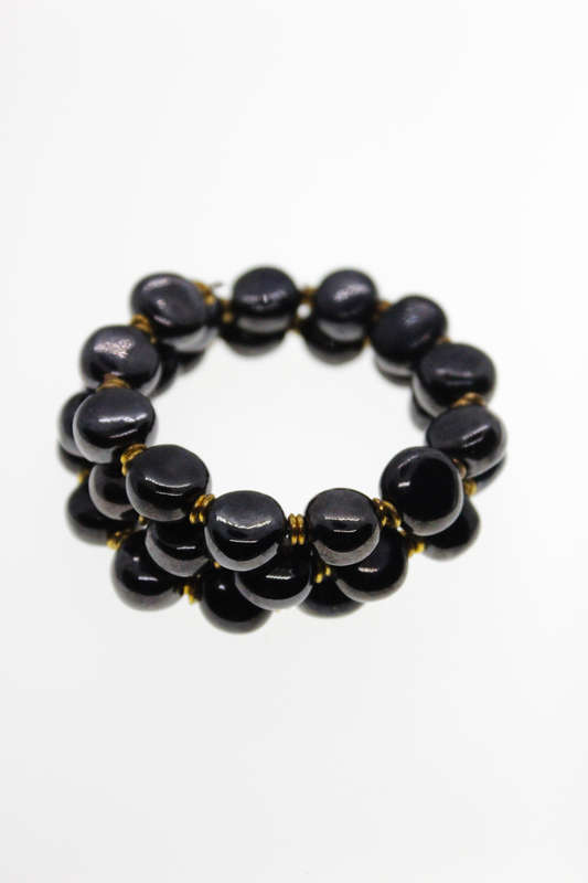 Bracelet - Vintage Gold Tone Black Chalcedony Triple Wrap Bracelet - ML2475