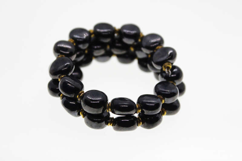 Bracelet - Vintage Gold Tone Black Chalcedony Triple Wrap Bracelet - ML2475