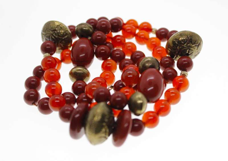 Necklace - Vintage Carnelian and Jasper Necklace. Decorative Brass Beads. 925 Silver Clasp - ML2497