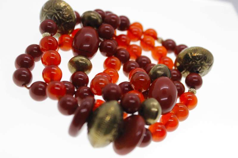 Necklace - Vintage Carnelian and Jasper Necklace. Decorative Brass Beads. 925 Silver Clasp - ML2497