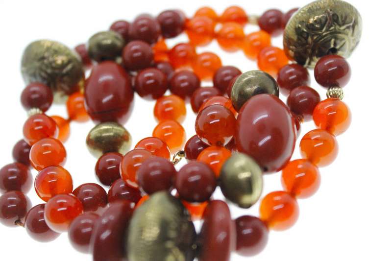 Necklace - Vintage Carnelian and Jasper Necklace. Decorative Brass Beads. 925 Silver Clasp - ML2497