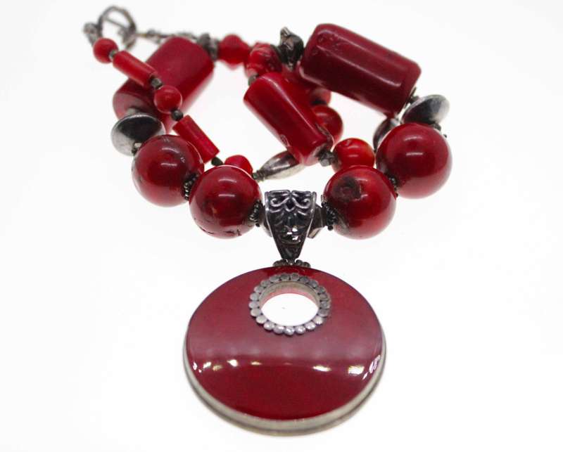 Necklace - Vintage Coral Beaded Necklace with Large Coral Pendant, Stamped Dha-lai - ML2504