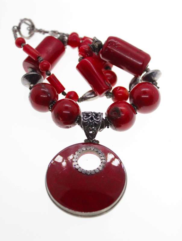 Necklace - Vintage Coral Beaded Necklace with Large Coral Pendant, Stamped Dha-lai - ML2504