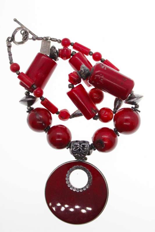 Necklace - Vintage Coral Beaded Necklace with Large Coral Pendant, Stamped Dha-lai - ML2504