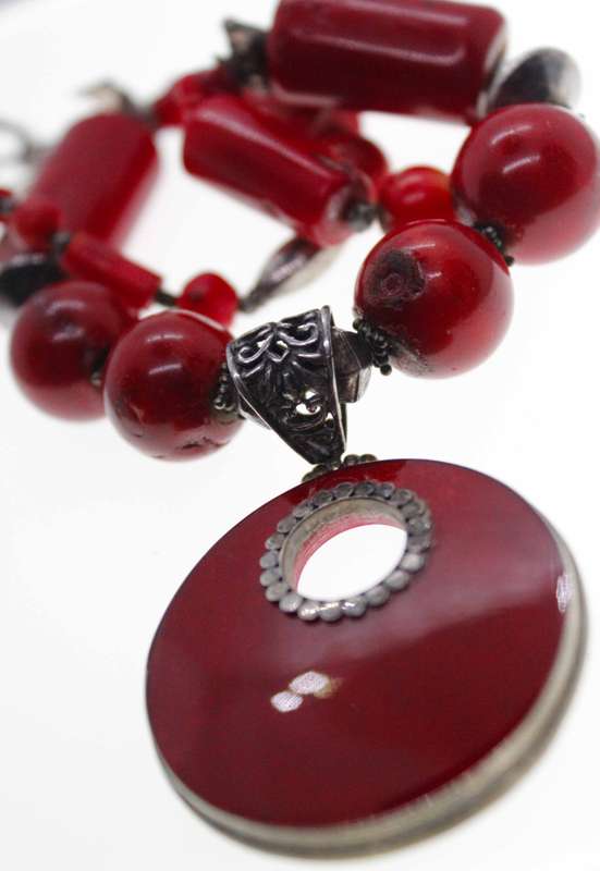 Necklace - Vintage Coral Beaded Necklace with Large Coral Pendant, Stamped Dha-lai - ML2504
