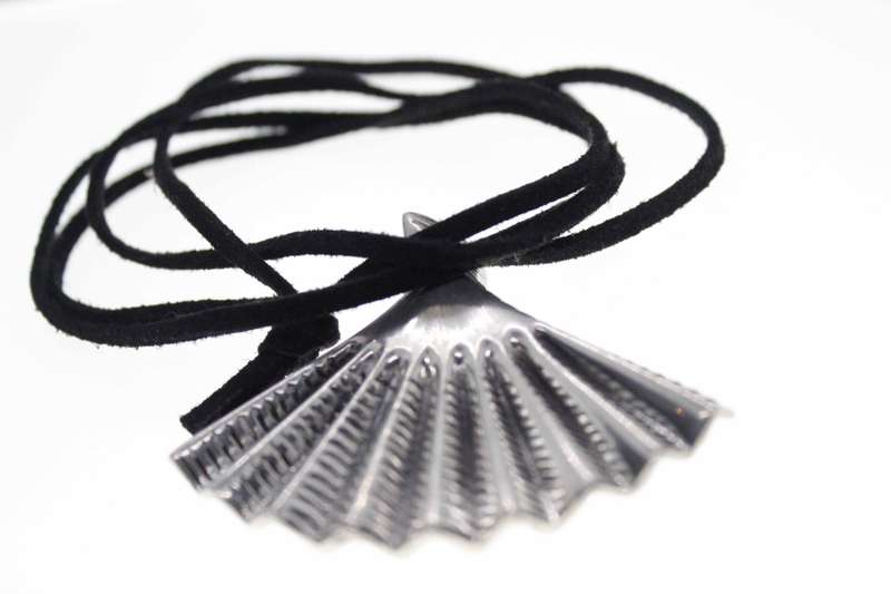 Pendant - Silver Tone Vintage Fan Pendant hanging on a Black Leather Thong - ML2506