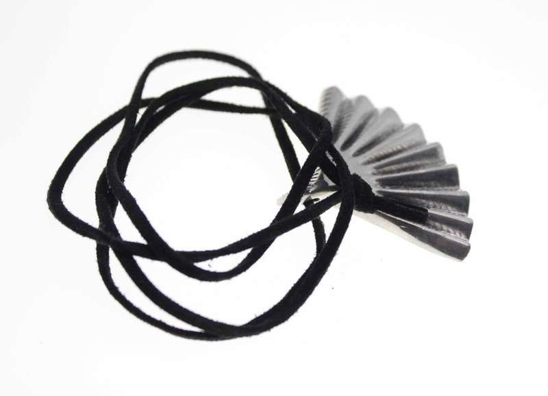 Pendant - Silver Tone Vintage Fan Pendant hanging on a Black Leather Thong - ML2506