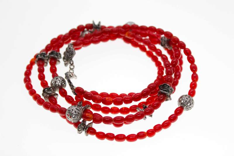 Necklace - Vintage Silver Tone Carnelian Beaded Necklace with Ornament Shape Balls - ML2507