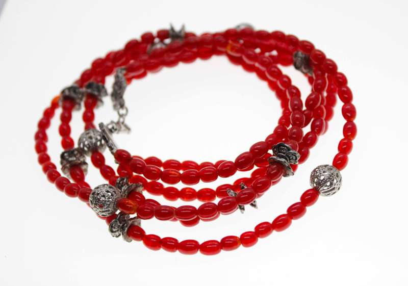 Necklace - Vintage Silver Tone Carnelian Beaded Necklace with Ornament Shape Balls - ML2507
