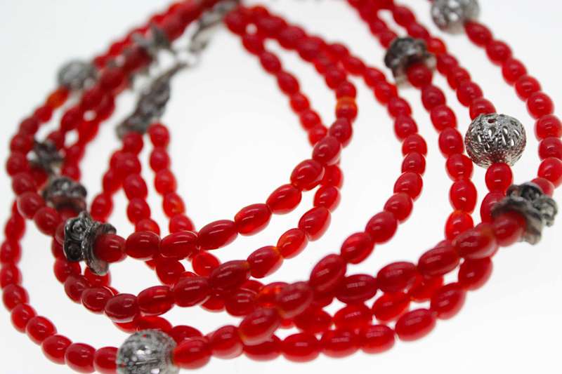Necklace - Vintage Silver Tone Carnelian Beaded Necklace with Ornament Shape Balls - ML2507