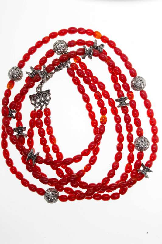 Necklace - Vintage Silver Tone Carnelian Beaded Necklace with Ornament Shape Balls - ML2507