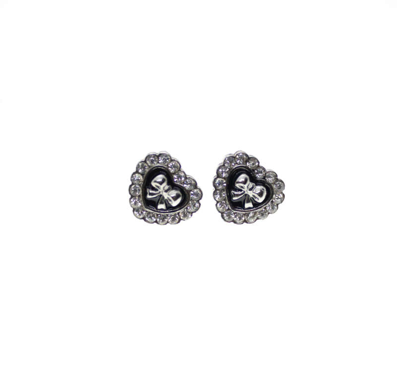 Earrings - Vintage Silver Tone Heart Earrings with small Bow and Rhinestones - ML2509