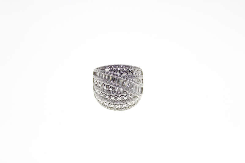 Ring - Vintage 925 with Several Rows of Diamantes & Transverse Band of Rectangular Diamantes - ML...