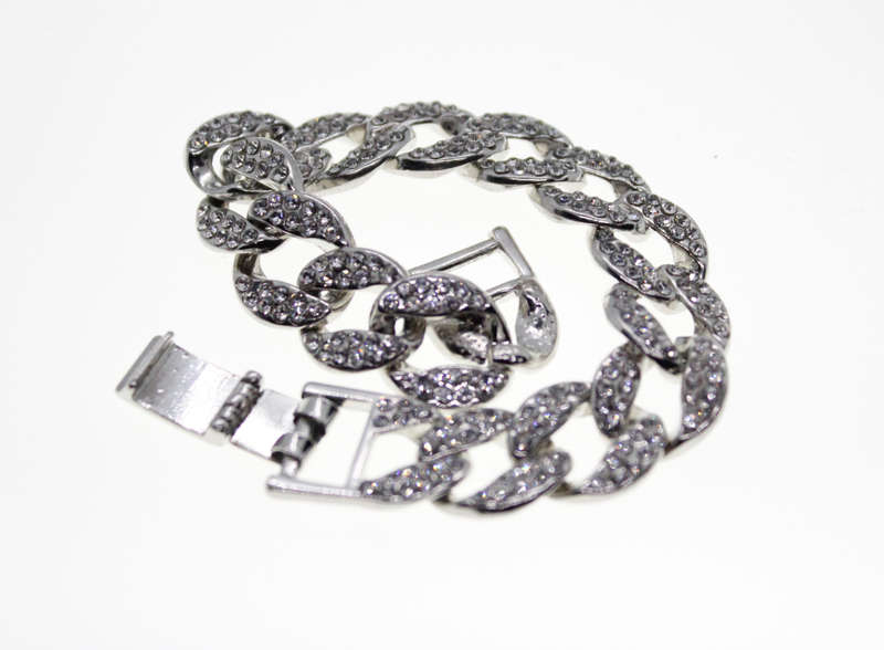 Bracelet - Fashion Silver Tone Figaro Link Style Bracelet with Diamante Stones - ML2513