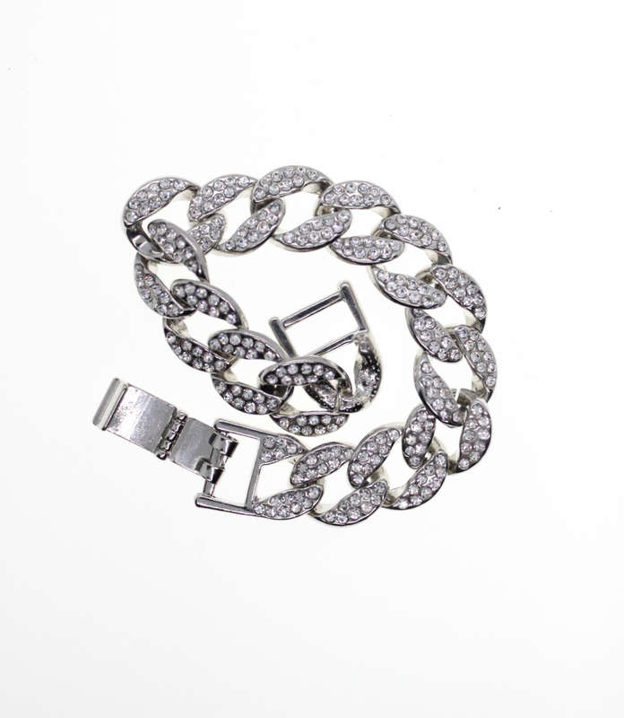 Bracelet - Fashion Silver Tone Figaro Link Style Bracelet with Diamante Stones - ML2513