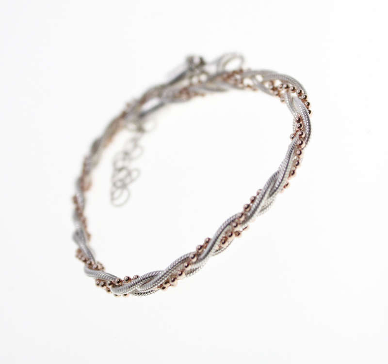 Bracelet - 925 Silver Rope Design with silver tone ball chain entertwined - ML2525