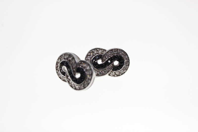 Earrings - Silver Tone Figure of 8 Style with Black and Clear Diamantes - ML2527