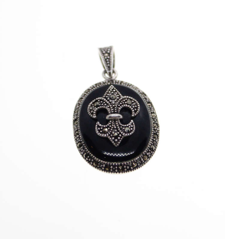 Pendant - 925 Silver. Black Enamel Oval with Marcasite Fleur De Lis - ML2530