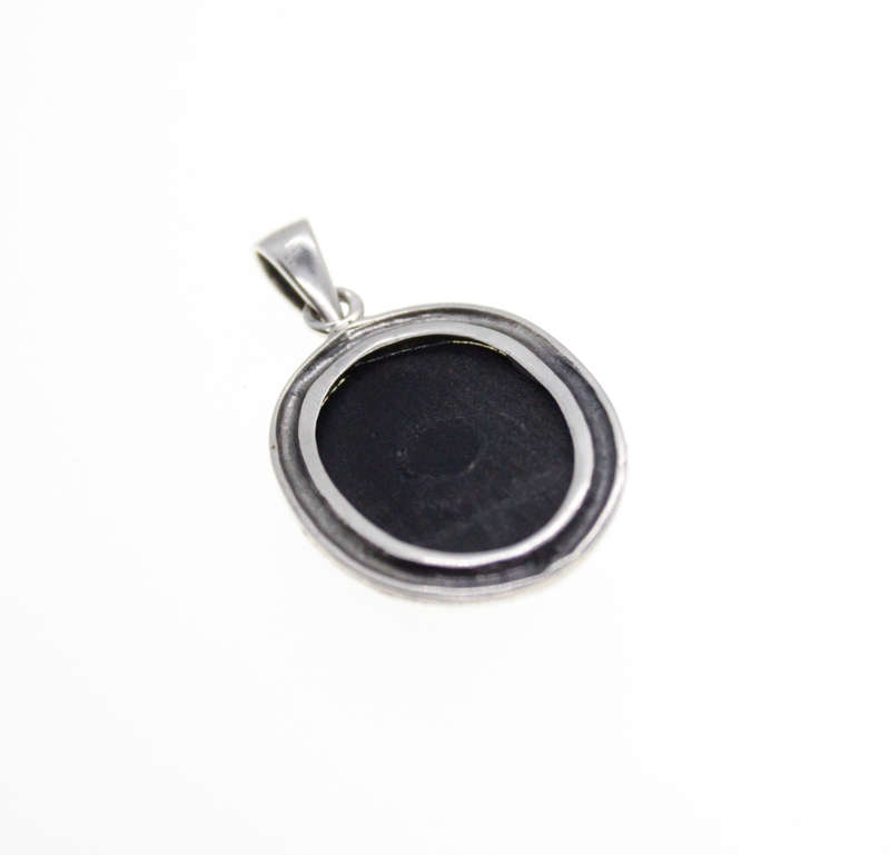 Pendant - 925 Silver. Black Enamel Oval with Marcasite Fleur De Lis - ML2530