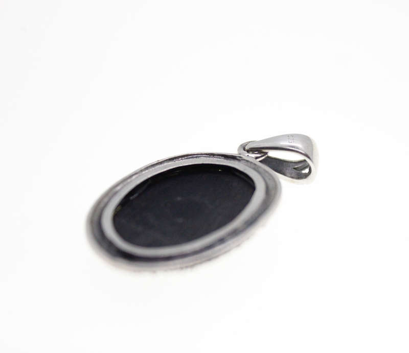 Pendant - 925 Silver. Black Enamel Oval with Marcasite Fleur De Lis - ML2530