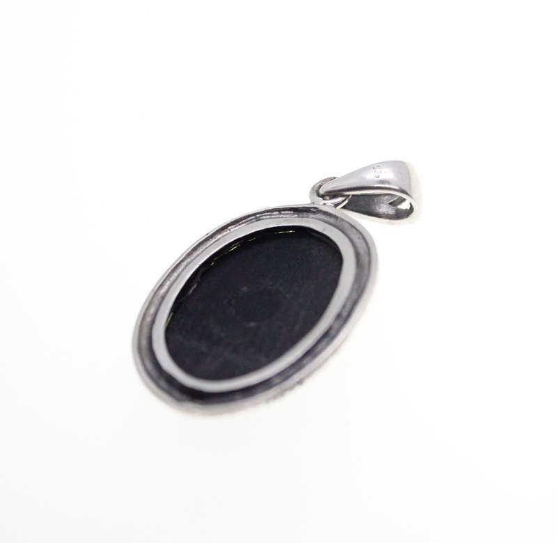 Pendant - 925 Silver. Black Enamel Oval with Marcasite Fleur De Lis - ML2530