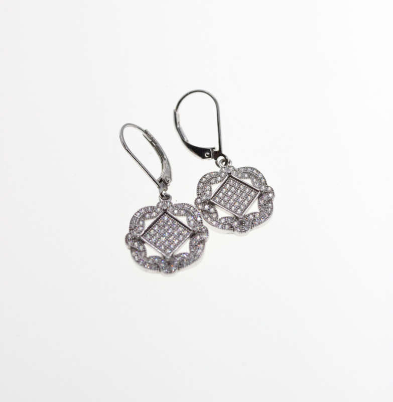 Earrings - 925 Silver Flower Shape Pave Earrings with Triangle Shape in Centre - ML2532