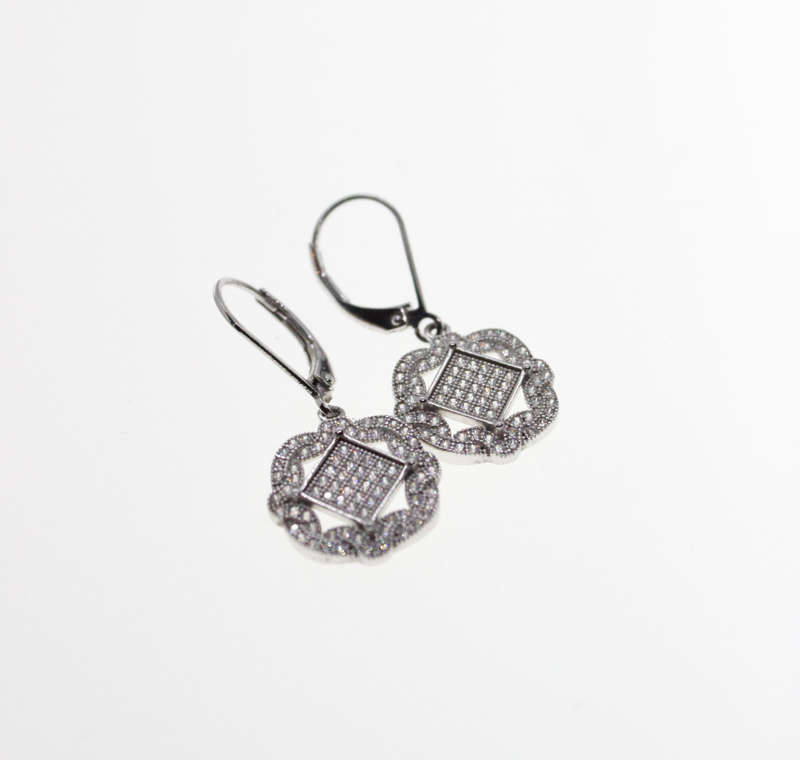 Earrings - 925 Silver Flower Shape Pave Earrings with Triangle Shape in Centre - ML2532
