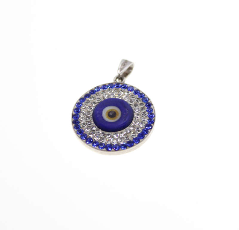 Pendant - 925 Silver Circle Pendant with Clear and Blue Stones Surrounding the Evil Eye - ML2535