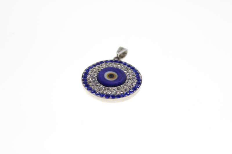 Pendant - 925 Silver Circle Pendant with Clear and Blue Stones Surrounding the Evil Eye - ML2535