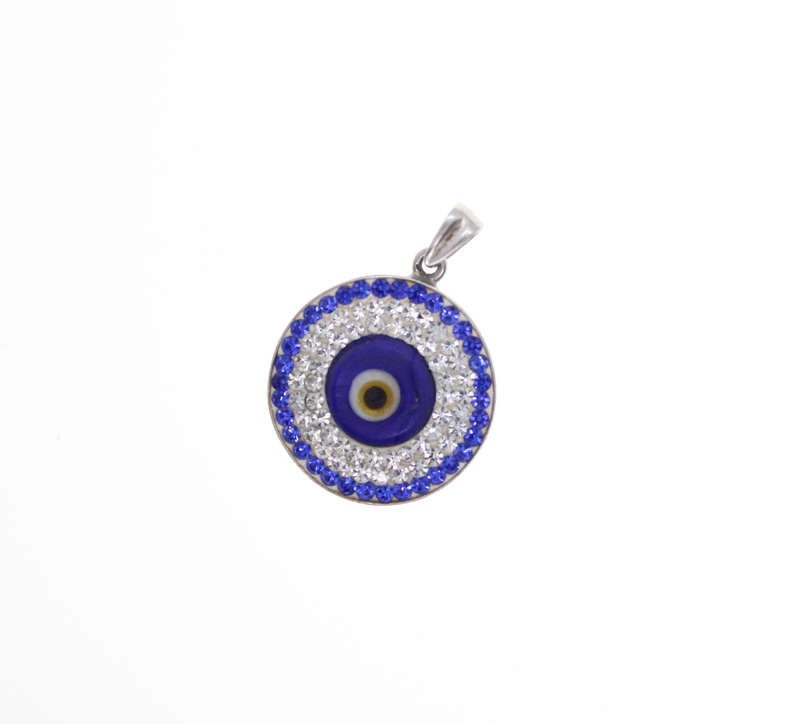 Pendant - 925 Silver Circle Pendant with Clear and Blue Stones Surrounding the Evil Eye - ML2535