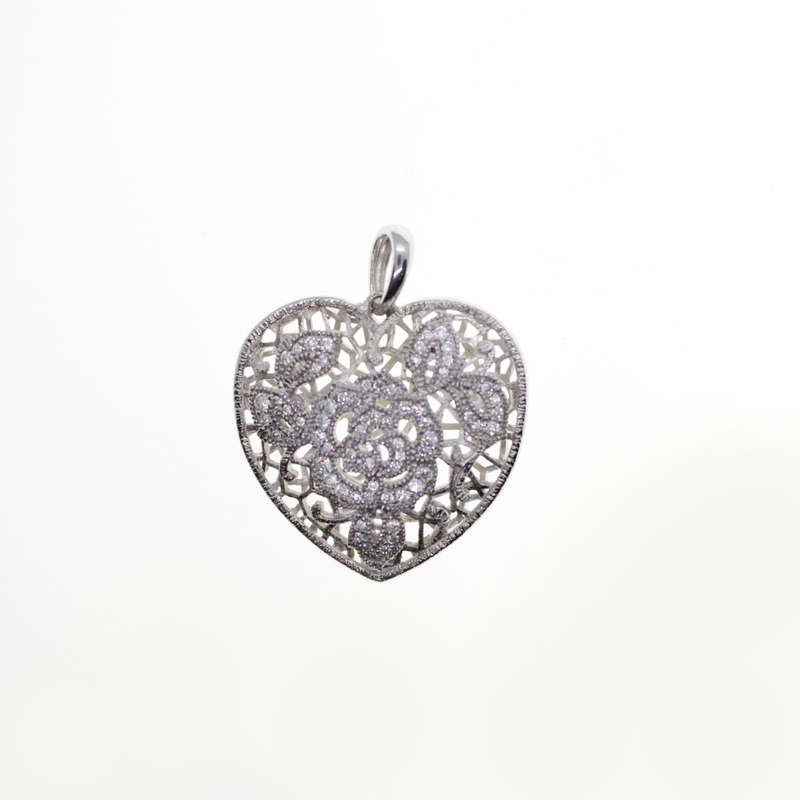 Pendant - Vintage 925 Silver Heart Pendant. Filigree and Marcasite Rose Pattern - ML2536