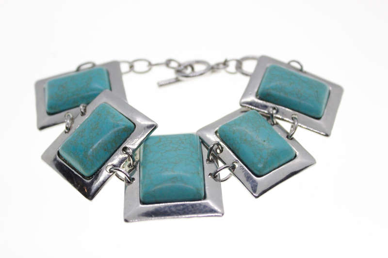 Bracelet - Vintage Silver Tone Rectangle Link Bracelet with Rectangular Turquoise Stones - ML2538