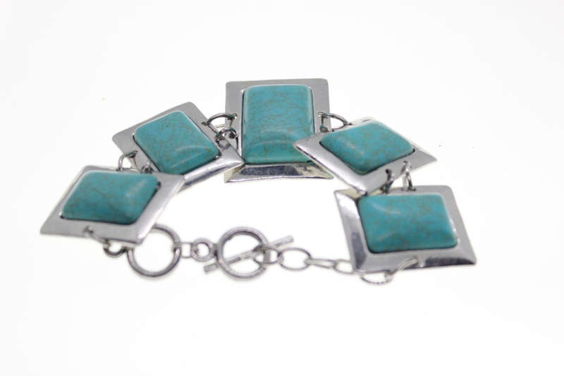 Bracelet - Vintage Silver Tone Rectangle Link Bracelet with Rectangular Turquoise Stones - ML2538