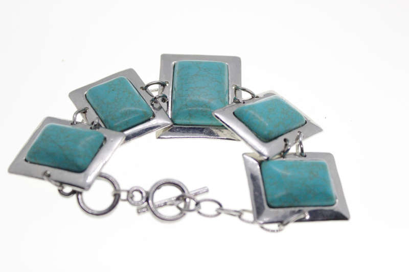 Bracelet - Vintage Silver Tone Rectangle Link Bracelet with Rectangular Turquoise Stones - ML2538