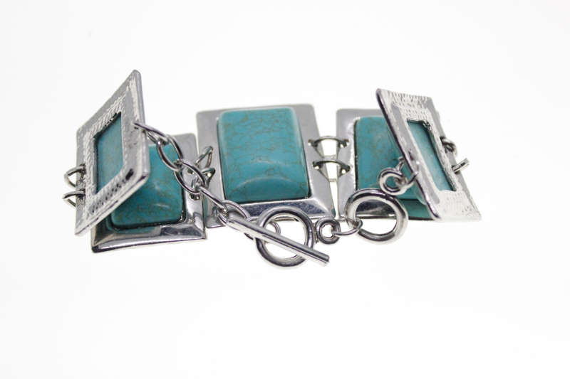 Bracelet - Vintage Silver Tone Rectangle Link Bracelet with Rectangular Turquoise Stones - ML2538