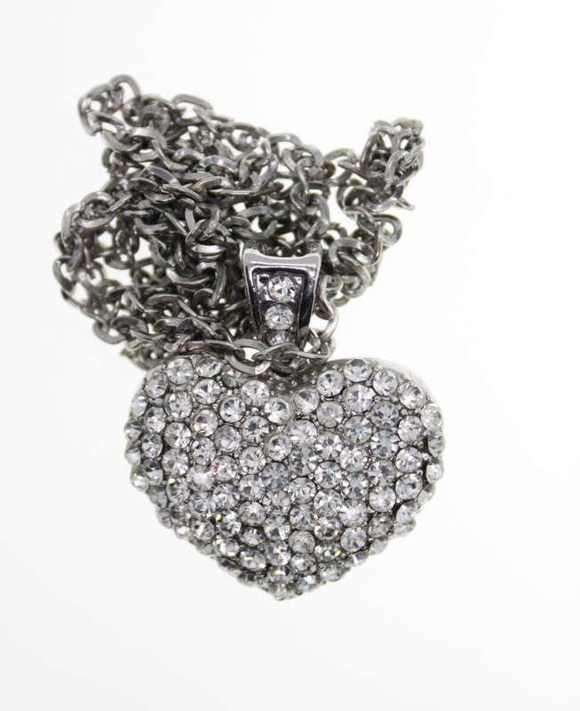 Necklace - Vintage Silver Tone Chain Necklace with Diamante Studded Heart Pendant - ML2540