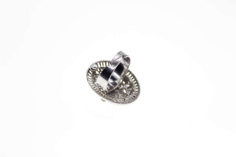 Ring - Vintage Silver Tone Diamante Ring with Filigree and Marcasite Design - ML2542