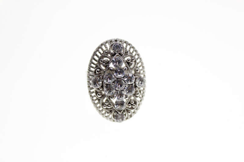 Ring - Vintage Silver Tone Diamante Ring with Filigree and Marcasite Design - ML2542
