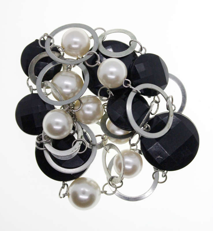 Necklace - Vintage Silver Tone Necklace with Black Beads, Faux Pearls and Silver Tone Rings - ML2547