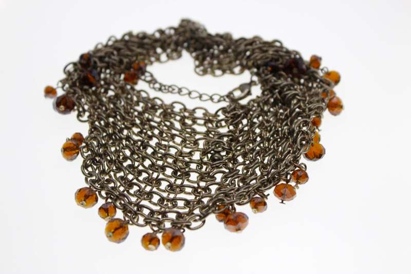 Necklace - Bronze Tone Multi Strand Long Drop Necklace with small Brown Beads - ML2553