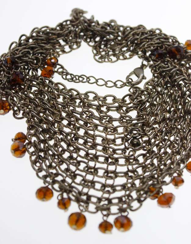 Necklace - Bronze Tone Multi Strand Long Drop Necklace with small Brown Beads - ML2553