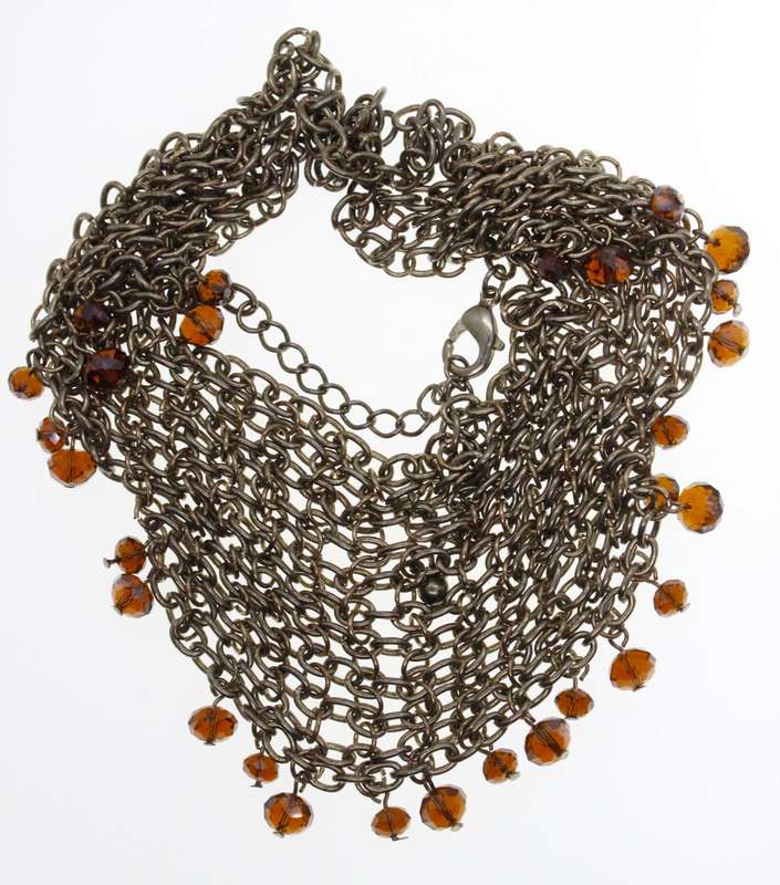 Necklace - Bronze Tone Multi Strand Long Drop Necklace with small Brown Beads - ML2553