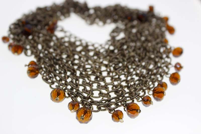 Necklace - Bronze Tone Multi Strand Long Drop Necklace with small Brown Beads - ML2553