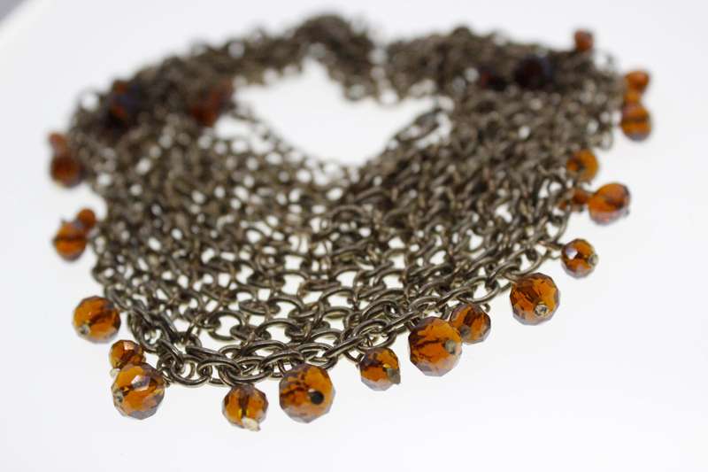 Necklace - Bronze Tone Multi Strand Long Drop Necklace with small Brown Beads - ML2553